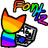 a rainbow cat on a computer labelled 'fontz'