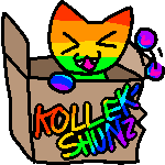 a rainbow cat in a box labelled 'KOLLEKSHUNZ'
